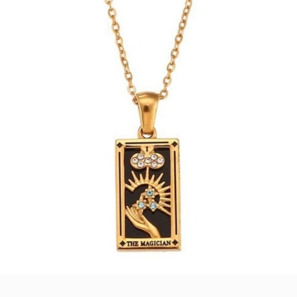Magician Tarot Card Pendant Necklace 18K Gold Enamel Rectangle Stainless…